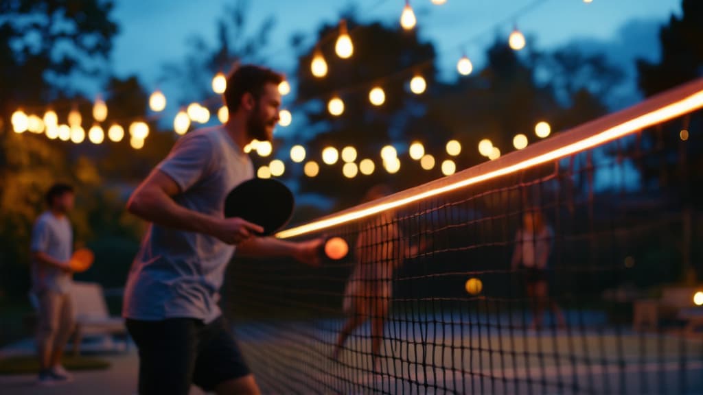 After Hours Pickleball kit in action — LED paddles and glow balls lighting up a backyard court at night