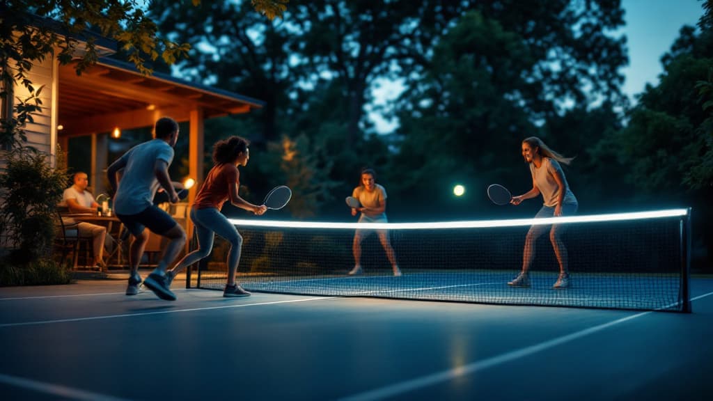 Night pickleball game with LED-lit paddles and glow balls on a backyard court