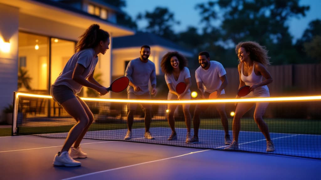 Friends playing pickleball at night with glowing gear